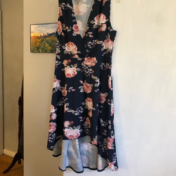 Dresses & Skirts - Beautiful Navy Blue dress with Pink Roses. Sleeveless. Size M. Asymmetrical Hem.